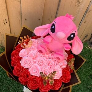 Pink Plush Toy with Rose Bouquet